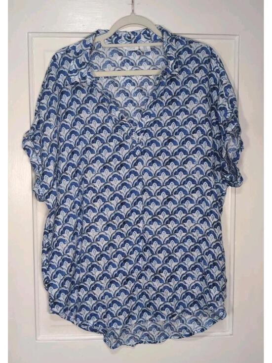 Sigrid Olsen Tops - Sigrid Olsen Blue White Scallop Shell Print Linen V-Neck Blouse Women's 1X (1362